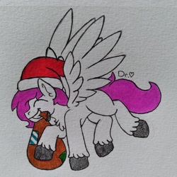 Size: 2559x2559 | Tagged: safe, artist:drheartdoodles, imported from derpibooru, oc, oc only, oc:dr.heart, clydesdale, pegasus, bag, christmas, color, flying, hat, holiday, santa hat, smiling, traditional art