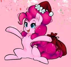 Size: 1821x1722 | Tagged: safe, artist:siripim111, imported from derpibooru, pinkie pie, earth pony, pony, chest fluff, christmas, cute, diapinkes, ear fluff, female, hat, holiday, mare, open mouth, sack, santa hat, sitting, solo