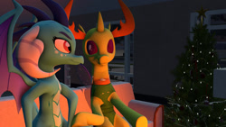 Size: 1280x720 | Tagged: safe, artist:andrescortez7, imported from derpibooru, princess ember, thorax, changedling, changeling, dragon, 3d, changeling x dragon, christmas, christmas tree, dragoness, embrax, eye contact, female, holiday, interspecies, king thorax, looking at each other, male, shipping, straight, tree