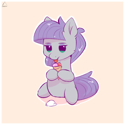 Size: 1500x1500 | Tagged: safe, artist:glazirka, imported from derpibooru, maud pie, earth pony, pony, female, food, ice cream, licking, mare, missing accessory, out of character, pink background, simple background, solo, tongue out
