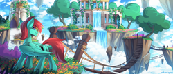 Size: 2500x1080 | Tagged: safe, artist:redchetgreen, imported from derpibooru, oc, oc only, pegasus, pony, bridge, building, cloud, floating island, high res, male, pegasus oc, scenery, scenery porn, sky, smiling, solo, temple, tree, waterfall, wings