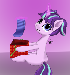 Size: 1276x1361 | Tagged: safe, artist:guatergau5, imported from derpibooru, starlight glimmer, pony, unicorn, christmas, christmas gift, clothes, female, filly, filly starlight glimmer, glowing horn, holiday, horn, magic, pigtails, present, sad, sitting, socks, solo, stockings, telekinesis, thigh highs, younger