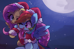 Size: 3460x2294 | Tagged: safe, artist:lexiedraw, imported from derpibooru, fluttershy, rainbow dash, pegasus, pony, christmas, cute, duo, female, flutterdash, full moon, hat, high res, holiday, lesbian, mare, moon, santa hat, shipping