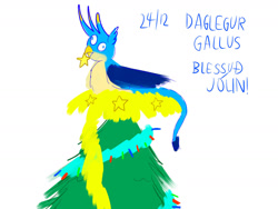 Size: 1280x960 | Tagged: safe, artist:horsesplease, imported from derpibooru, gallus, griffon, christmas, christmas tree, derp, gallus the rooster, gallusposting, holiday, icelandic, lying down, nest, prone, solo, stars, tinsel, tree