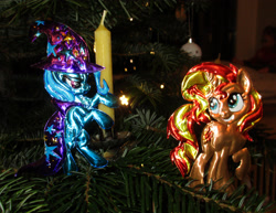 Size: 3328x2572 | Tagged: safe, alternate version, artist:malte279, imported from derpibooru, sunset shimmer, trixie, unicorn, christmas, christmas lights, christmas tree, craft, hearth's warming eve, holiday, metal foil, relief, tree