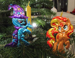 Size: 1024x792 | Tagged: safe, alternate version, artist:malte279, imported from derpibooru, sunset shimmer, trixie, unicorn, christmas, christmas lights, christmas tree, craft, hearth's warming eve, holiday, metal foil, relief, tree