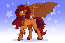 Size: 1800x1200 | Tagged: safe, artist:soulfulmirror, imported from derpibooru, oc, oc only, oc:fanciful dreams, bat pony, pony, bat pony oc, bat wings, ear piercing, earring, intersex, jewelry, lidded eyes, looking at you, necklace, piercing, raised hoof, smiling, solo, spread wings, unshorn fetlocks, wings