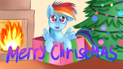 Size: 1280x720 | Tagged: safe, artist:jbond, imported from derpibooru, rainbow dash, pegasus, pony, box, christmas, christmas lights, christmas tree, cute, female, filly, filly rainbow dash, fireplace, holiday, open mouth, postcard, solo, text, tree, younger