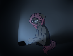 Size: 1800x1400 | Tagged: safe, artist:soulfulmirror, imported from derpibooru, oc, oc only, oc:soulful mirror, earth pony, pony, earth pony oc, glasses, phone, sad, sitting, vent art