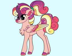 Size: 2800x2200 | Tagged: safe, artist:loryska, imported from derpibooru, oc, oc only, hybrid, pony, blue background, colored wings, female, glasses, magical lesbian spawn, multicolored wings, offspring, parent:autumn blaze, parent:twilight sparkle, simple background, solo, wings