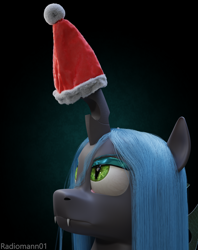 Size: 2024x2560 | Tagged: safe, artist:radiomann01, imported from derpibooru, queen chrysalis, changeling, changeling queen, 3d, angry, christmas, fangs, female, furrowed brow, grumpy, hat, holiday, horn, looking up, mane, missing accessory, render, santa hat, sharp teeth, simple background, solo, teeth, unamused, wings
