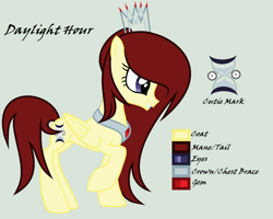 Size: 4544x3640 | Tagged: safe, artist:lominicinfinity, imported from derpibooru, oc, oc only, oc:daylight hour, pegasus, pony, crown, female, jewelry, mare, reference sheet, regalia, simple background, solo, wings