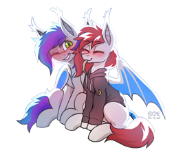 Size: 1944x1726 | Tagged: safe, artist:gicme, imported from derpibooru, oc, oc only, oc:riellenc hill, bat pony, pony, bat pony oc, bat wings, clothes, eyebrows, eyebrows visible through hair, happy, hoodie, hug, shy, simple background, smiling, wings