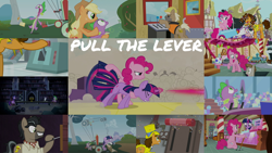 Size: 1280x720 | Tagged: safe, edit, edited screencap, editor:quoterific, imported from derpibooru, screencap, amethyst star, angel bunny, applejack, cheese sandwich, crafty crate, doctor caballeron, lily, lily valley, meadow song, mudbriar, pinkie pie, roseluck, sea swirl, seafoam, sparkler, spike, twilight sparkle, twinkleshine, alicorn, dragon, earth pony, pony, unicorn, a canterlot wedding, apple family reunion, castle mane-ia, equestria games (episode), feeling pinkie keen, the last laugh, the mysterious mare do well, castle of the royal pony sisters, female, lever, male, mare, party cannon, screenshots, stallion, twigun, twilight sparkle (alicorn), unicorn twilight, zippo spike