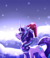 Size: 3000x3500 | Tagged: safe, artist:celes-969, artist:spirit-fire360, imported from derpibooru, starlight glimmer, pony, unicorn, chest fluff, christmas, hat, holiday, horn, long horn, santa hat, smiling, snow, snowfall, solo