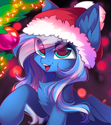Size: 2754x3100 | Tagged: safe, artist:airiniblock, imported from derpibooru, oc, oc only, oc:vivid tone, pegasus, pony, bauble, chest fluff, christmas, cute, ear fluff, eye clipping through hair, female, hat, holiday, mare, not luna, ocbetes, open mouth, rcf community, santa hat, smiling, solo