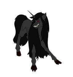 Size: 1707x1797 | Tagged: safe, artist:anelaponela, imported from derpibooru, oc, oc:nub, unicorn, ear fluff, male, red and black oc, red eyes, sharp teeth, simple background, skinny, smiling, teeth, transparent background