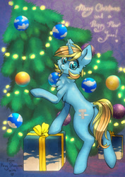 Size: 1414x2000 | Tagged: safe, artist:pony straponi, artist:st. oni, imported from derpibooru, oc, oc only, oc:skydreams, pony, unicorn, christmas, christmas lights, christmas tree, commission, gift box, holiday, horn, mouth hold, present, solo, tree, unicorn oc, ych result