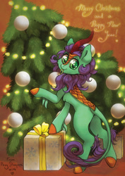 Size: 1414x2000 | Tagged: safe, artist:pony straponi, artist:st. oni, imported from derpibooru, oc, oc only, oc:searing cold, kirin, pony, christmas, christmas lights, christmas tree, commission, gift box, holiday, kirin oc, present, solo, tree, ych result