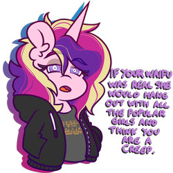 Size: 2000x2000 | Tagged: safe, artist:threetwotwo32232, imported from derpibooru, princess cadance, alicorn, semi-anthro, anti-bronybait, clothes, female, hoodie, looking at you, looking back, looking back at you, mare, reality ensues, sad but true, sad truth, simple background, solo, transparent background