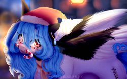 Size: 2712x1696 | Tagged: safe, artist:honeybbear, imported from derpibooru, oc, oc only, oc:beatz, pegasus, pony, candy, candy cane, christmas, female, food, hat, holiday, looking at you, mare, mouth hold, santa hat, solo, two toned wings, wings