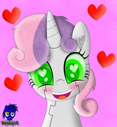 Size: 3840x4154 | Tagged: safe, alternate version, artist:damlanil, imported from derpibooru, sweetie belle, pony, robot, robot pony, unicorn, blushing, cute, diasweetes, female, filly, floating heart, glowing eyes, happy, heart, heart eyes, horn, looking at you, mare, open mouth, pink background, roboticization, simple background, smiling, sweetie bot, vector, weapons-grade cute, wingding eyes