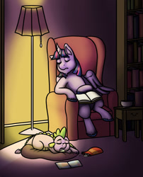 Size: 1280x1585 | Tagged: safe, artist:verikoira, imported from derpibooru, spike, twilight sparkle, alicorn, dragon, book, bookshelf, couch, duo, duo male and female, eyes closed, female, lamp, male, mare, sleeping, twilight sparkle (alicorn), wingless spike