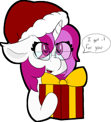 Size: 5579x6098 | Tagged: safe, artist:skylarpalette, imported from derpibooru, oc, oc only, oc:skylar palette, pony, unicorn, bow, bust, christmas, cute, dialogue, ear fluff, eye clipping through hair, female, floppy ears, fluffy, glasses, hat, holiday, horn, looking up, mare, open mouth, present, santa hat, simple background, simple shading, smiling, solo, speech bubble, transparent background, unicorn oc