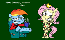 Size: 1184x740 | Tagged: safe, artist:dragonboi471, artist:rainbowdashsmailbag, imported from derpibooru, fluttershy, rainbow dash, pony, christmas, clothes, faic, fluttertree, holiday, smug, smugdash, sweater, tied up