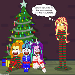 Size: 1920x1920 | Tagged: safe, artist:robukun, imported from derpibooru, adagio dazzle, aria blaze, sonata dusk, sunset shimmer, equestria girls, arm behind back, bondage, bound and gagged, christmas, christmas presents, cloth gag, clothes, crossed arms, footed sleeper, footie pajamas, gag, gift wrapped, holiday, kidnapped, otn gag, over the nose gag, pajamas, present, smiling, smirk, smug, smugset shimmer, the dazzlings, thought bubble, tied up