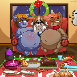 Size: 4000x4000 | Tagged: safe, artist:metalface069, imported from derpibooru, oc, oc:blitz tale, oc:tai, oc:winterlight, belly, belly blush, belly button, big belly, blushing, christmas, commission, cookie, dinner, fat, food, holiday, huge belly, male, meat, ponies eating meat, soda, squishy, stallion, stuffed, trio male