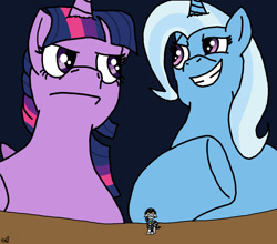 Size: 1280x1128 | Tagged: safe, artist:vanillabeam, imported from derpibooru, trixie, twilight sparkle, oc, oc:checkerboard, macro, micro, size difference