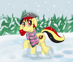 Size: 1400x1200 | Tagged: safe, artist:amateur-draw, imported from derpibooru, oc, oc only, oc:chocolate sweets, pony, clothes, female, hat, mare, scarf, simple background, snow, snowfall, solo