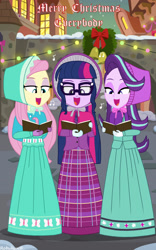 Size: 1920x3072 | Tagged: safe, artist:robukun, imported from derpibooru, fluttershy, sci-twi, starlight glimmer, twilight sparkle, equestria girls, caroling, christmas, clothes, dress, holiday, long dress, long skirt, merry christmas, singing, skirt, victorian, victorian dress