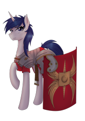 Size: 2126x3000 | Tagged: safe, artist:alicetriestodraw, imported from derpibooru, oc, oc only, oc:mysza, pony, unicorn, derpibooru community collaboration, 2021 community collab, armor, blue eyes, blue mane, blue tail, clothes, female, helmet, horn, javelin, legionary, mare, plate armor, roman, scutum, shield, simple background, solo, transparent background, weapon, white fur