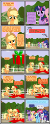 Size: 3255x8005 | Tagged: safe, artist:gutovi, imported from derpibooru, applejack, fluttershy, pinkie pie, princess luna, rainbow dash, rarity, twilight sparkle, alicorn, earth pony, pegasus, pony, unicorn, comic:why me!?, alternate ending, bedroom eyes, blushing, christmas, comic, female, gift box, hat, holiday, hoof on cheek, hoof on chin, jealous, kissing, lesbian, mane six, present, santa claus, santa hat, self ponidox, selfcest, shipping, shipping denied, show accurate, sweet apple acres, twilight sparkle (alicorn)