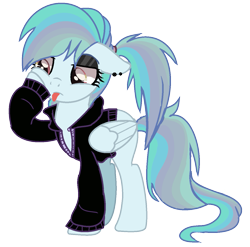 Size: 1297x1281 | Tagged: safe, artist:princess-kitsune-tsu, artist:venomous-cookietwt, imported from derpibooru, oc, oc only, oc:rainbow sugar, pegasus, pony, base used, clothes, ear piercing, earring, eyeshadow, jacket, jewelry, makeup, multicolored hair, offspring, parent:oc:rainbow blitz, parent:oc:suga water, parents:oc x oc, piercing, rainbow hair, solo