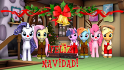 Size: 1024x576 | Tagged: safe, artist:juanjobelic, imported from derpibooru, applejack, fluttershy, pinkie pie, rainbow dash, rarity, twilight sparkle, alicorn, earth pony, pegasus, pony, unicorn, 3d, christmas, christmas tree, deviantart watermark, female, holiday, mane six, mare, obtrusive watermark, sfm pony, source filmmaker, spanish, tree, twilight sparkle (alicorn), watermark