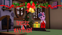 Size: 1024x576 | Tagged: safe, artist:juanjobelic, imported from derpibooru, twilight sparkle, alicorn, pony, 3d, christmas, christmas tree, deviantart watermark, female, holiday, mare, obtrusive watermark, sfm pony, solo, source filmmaker, spanish, tree, twilight sparkle (alicorn), watermark