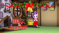 Size: 1024x576 | Tagged: safe, artist:juanjobelic, imported from derpibooru, starlight glimmer, pony, unicorn, 3d, christmas, christmas tree, deviantart watermark, female, holiday, looking at you, mare, obtrusive watermark, sfm pony, smiling, smiling at you, solo, source filmmaker, spanish, spanish text, tree, watermark