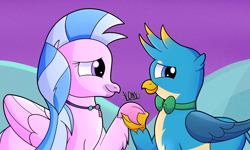 Size: 2500x1500 | Tagged: safe, artist:alonso-bazan, artist:fantaje3, imported from derpibooru, gallus, silverstream, griffon, hippogriff, cute, diastreamies, female, gallabetes, gallstream, holding hands, jewelry, male, necklace, shipping, smiling, straight