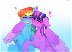 Size: 2048x1484 | Tagged: safe, artist:aaa-its-spook, imported from derpibooru, rainbow dash, twilight sparkle, alicorn, pegasus, pony, blushing, chest fluff, eyes closed, female, floppy ears, heart, hug, kiss mark, lesbian, lipstick, mare, shipping, smiling, twidash, twilight sparkle (alicorn), wing fluff, winghug