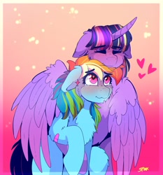 Size: 1326x1425 | Tagged: safe, artist:aaa-its-spook, imported from derpibooru, rainbow dash, twilight sparkle, alicorn, pegasus, pony, bandaid, blushing, cheek fluff, chest fluff, cute, cutie mark accessory, cutie mark earrings, ear piercing, earring, eyes closed, female, floppy ears, heart, heart eyes, hug, jewelry, lesbian, mare, piercing, shipping, signature, smiling, spread wings, twidash, twilight sparkle (alicorn), wing fluff, wingding eyes, winghug, wings