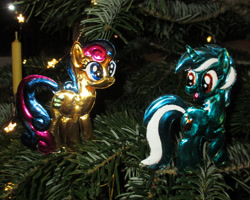 Size: 2716x2172 | Tagged: safe, alternate version, artist:malte279, imported from derpibooru, bon bon, lyra heartstrings, sweetie drops, christmas, christmas lights, christmas tree, craft, hearth's warming eve, holiday, metal foil, relief, tree