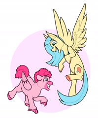 Size: 1280x1610 | Tagged: source needed, safe, artist:verikoira, imported from derpibooru, pinkie pie, princess skystar, hippogriff, pegasus, pony, my little pony: the movie, duo, eye contact, female, grin, hippogriffied, looking at each other, mare, open mouth, ponified, role reversal, simple background, smiling, species swap, white background