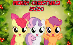 Size: 2064x1289 | Tagged: source needed, safe, anonymous artist, imported from derpibooru, apple bloom, scootaloo, sweetie belle, a charlie brown christmas, christmas, christmas time is here, christmas tree, cutie mark crusaders, hearth's warming, holiday, holly, leaves, lyrics in the comments, lyrics in the description, mistletoe, pine, song reference, tree, youtube link