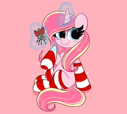 Size: 3928x3500 | Tagged: safe, imported from derpibooru, oc, oc only, oc:rosa flame, pony, unicorn, blushing, christmas, christmas stocking, clothes, glowing horn, holiday, horn, pink background, simple background, socks, solo, striped socks, unicorn oc