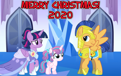 Size: 2064x1296 | Tagged: safe, artist:not-yet-a-brony, imported from derpibooru, flash sentry, princess flurry heart, twilight sparkle, alicorn, the last problem, armor, aunt and niece, auntie twilight, christmas, clothes, coronation dress, crystal empire, cute, dress, family, female, flashlight, flurrybetes, hearth's warming, heartwarming, holiday, honorary uncle, i'll be home for christmas, looking at each other, lyrics in the description, male, older, older flurry heart, reunion, royal guard armor, second coronation dress, shipping, smiling, song reference, straight, twilight sparkle (alicorn), uncle flash, youtube link