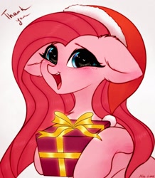 Size: 1566x1800 | Tagged: safe, artist:mite-lime, imported from derpibooru, pinkie pie, earth pony, pony, blushing, christmas, cute, cuteamena, diapinkes, ear fluff, hat, holiday, looking at you, open mouth, pinkamena diane pie, santa hat, smiling, solo, standing