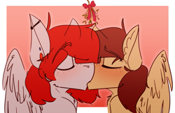Size: 1095x710 | Tagged: safe, artist:kirbirb, imported from derpibooru, oc, oc only, oc:scarlett lane, oc:snaggletooth, pegasus, pony, blushing, christmas, duo, freckles, gay, holiday, kissing, male, mistletoe, piercing, simple background